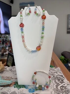 Multicolor Beaded Necklace and Earring Set — Pastel & Amber Tones